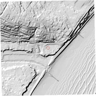 Shaded relief map of the ground around EX79JW, computed from Environment Agency LiDAR. The ground here sits at about 13 m above sea level and falls 76 m across the surrounding 800 m. Surface water reaching this point runs off ground lying to the north-west, 43.6 m higher.