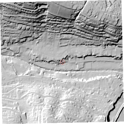 Shaded relief map of the ground around EX79LA, computed from Environment Agency LiDAR. The ground here sits at about 13 m above sea level and falls 90 m across the surrounding 800 m. Surface water reaching this point runs off ground lying to the north-north-west, 79.1 m higher.