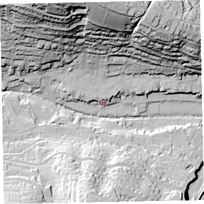 Shaded relief map of the ground around EX79LD, computed from Environment Agency LiDAR. The ground here sits at about 15 m above sea level and falls 90 m across the surrounding 800 m. Surface water reaching this point runs off ground lying to the north-north-west, 75.7 m higher.