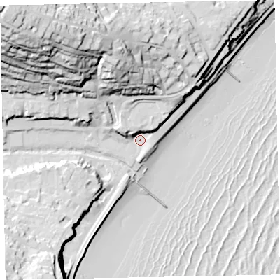 Shaded relief map of the ground around EX79LT, computed from Environment Agency LiDAR. The ground here sits at about 5 m above sea level and falls 75 m across the surrounding 800 m. Surface water reaching this point runs off ground lying to the north-north-west, 52.3 m higher.