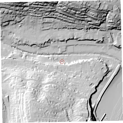 Shaded relief map of the ground around EX79PA, computed from Environment Agency LiDAR. The ground here sits at about 9 m above sea level and falls 69 m across the surrounding 800 m. Surface water reaching this point runs off ground lying to the south-south-west, 24.2 m higher.