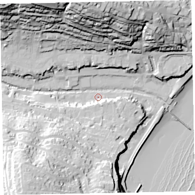 Shaded relief map of the ground around EX79PB, computed from Environment Agency LiDAR. The ground here sits at about 7 m above sea level and falls 71 m across the surrounding 800 m. Surface water reaching this point runs off ground lying to the south-south-west, 9.0 m higher.