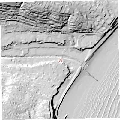 Shaded relief map of the ground around EX79PD, computed from Environment Agency LiDAR. The ground here sits at about 6 m above sea level and falls 71 m across the surrounding 800 m. Surface water reaching this point runs off ground lying to the north-north-west, 65.0 m higher.