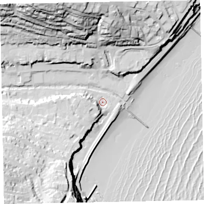 Shaded relief map of the ground around EX79PF, computed from Environment Agency LiDAR. The ground here sits at about 4 m above sea level and falls 67 m across the surrounding 800 m. Surface water reaching this point runs off ground lying to the south-west, 52.7 m higher.