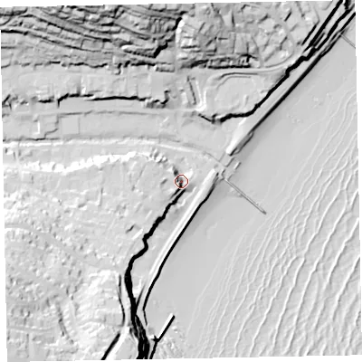 Shaded relief map of the ground around EX79PG, computed from Environment Agency LiDAR. The ground here sits at about 8 m above sea level and falls 62 m across the surrounding 800 m. Surface water reaching this point runs off ground lying to the south-west, 53.0 m higher.