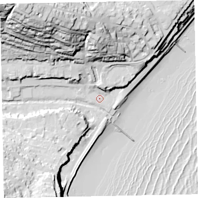 Shaded relief map of the ground around EX79PH, computed from Environment Agency LiDAR. The ground here sits at about 5 m above sea level and falls 76 m across the surrounding 800 m. Surface water reaching this point runs off ground lying to the north-north-west, 56.2 m higher.