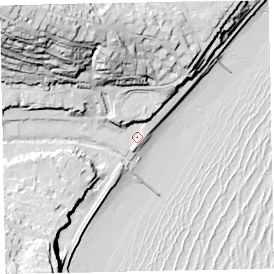 Shaded relief map of the ground around EX79PJ, computed from Environment Agency LiDAR. The ground here sits at about 5 m above sea level and falls 74 m across the surrounding 800 m. Surface water reaching this point runs off ground lying to the north-north-west, 52.3 m higher.