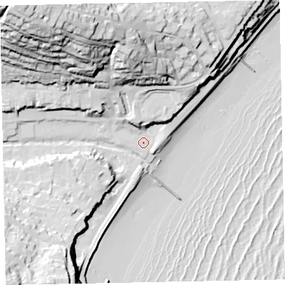 Shaded relief map of the ground around EX79PL, computed from Environment Agency LiDAR. The ground here sits at about 5 m above sea level and falls 73 m across the surrounding 800 m. Surface water reaching this point runs off ground lying to the north-north-west, 56.3 m higher.