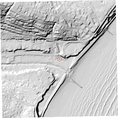 Shaded relief map of the ground around EX79PN, computed from Environment Agency LiDAR. The ground here sits at about 5 m above sea level and falls 80 m across the surrounding 800 m. Surface water reaching this point runs off ground lying to the north-east, 9.4 m higher.