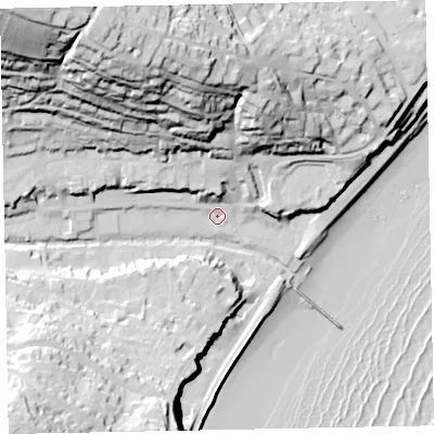 Shaded relief map of the ground around EX79PW, computed from Environment Agency LiDAR. The ground here sits at about 6 m above sea level and falls 83 m across the surrounding 800 m. Surface water reaching this point runs off ground lying to the north-west, 74.5 m higher.