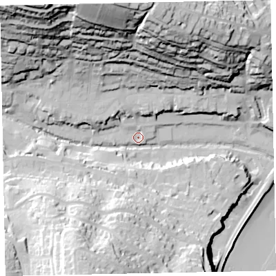Shaded relief map of the ground around EX79PY, computed from Environment Agency LiDAR. The ground here sits at about 9 m above sea level and falls 80 m across the surrounding 800 m. Surface water reaching this point runs off ground lying to the north, 70.9 m higher.