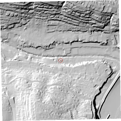 Shaded relief map of the ground around EX79QF, computed from Environment Agency LiDAR. The ground here sits at about 10 m above sea level and falls 71 m across the surrounding 800 m. Surface water reaching this point runs off ground lying to the north, 59.0 m higher.