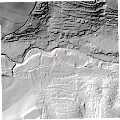 Shaded relief map of the ground around EX79QN, computed from Environment Agency LiDAR. The ground here sits at about 21 m above sea level and falls 73 m across the surrounding 800 m. Surface water reaching this point runs off ground lying to the south, 15.5 m higher.