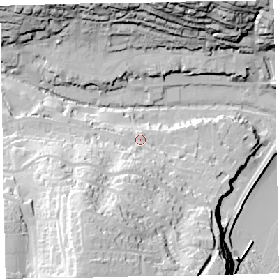 Shaded relief map of the ground around EX79QQ, computed from Environment Agency LiDAR. The ground here sits at about 17 m above sea level and falls 63 m across the surrounding 800 m. Surface water reaching this point runs off ground lying to the south-south-west, 14.7 m higher.