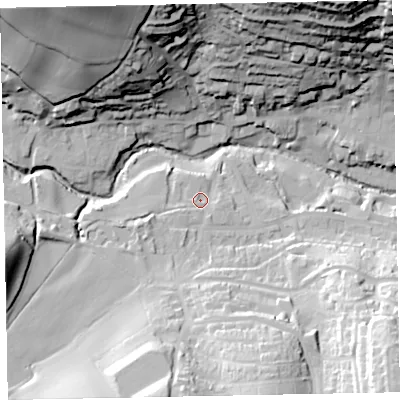 Shaded relief map of the ground around EX79QR, computed from Environment Agency LiDAR. The ground here sits at about 22 m above sea level and falls 66 m across the surrounding 800 m. Surface water reaching this point runs off ground lying to the south-south-west, 4.6 m higher.