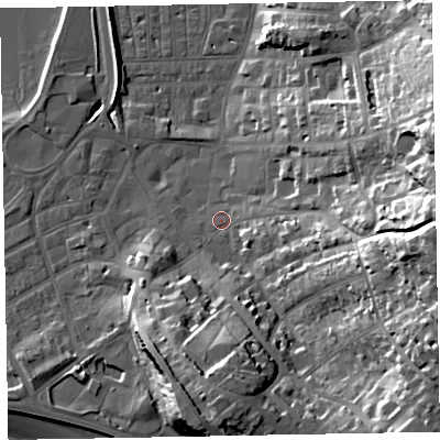 Shaded relief map of the ground around EX81AA, computed from Environment Agency LiDAR. The ground here sits at about 4 m above sea level and falls 36 m across the surrounding 800 m. Surface water reaching this point runs off ground lying to the east, 31.5 m higher.