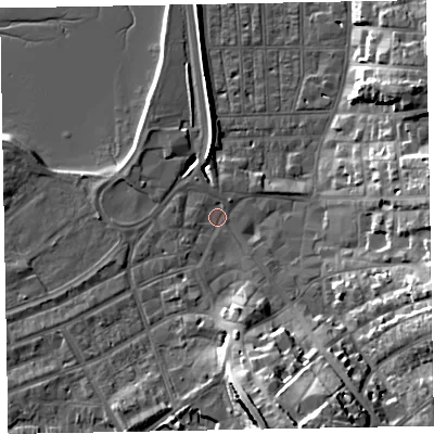 Shaded relief map of the ground around EX81AB, computed from Environment Agency LiDAR. The ground here sits at about 3 m above sea level and falls 21 m across the surrounding 800 m. Surface water reaching this point runs off ground lying to the south-south-east, 19.0 m higher.
