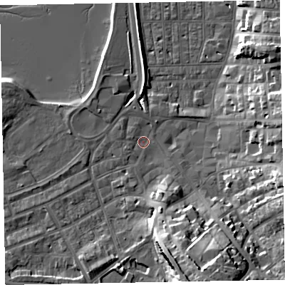Shaded relief map of the ground around EX81AD, computed from Environment Agency LiDAR. The ground here sits at about 3 m above sea level and falls 21 m across the surrounding 800 m. Surface water reaching this point runs off ground lying to the south-south-east, 19.5 m higher.