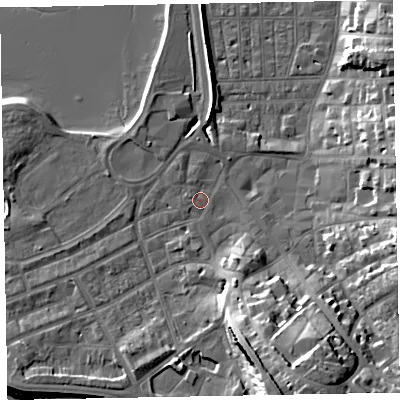 Shaded relief map of the ground around EX81AF, computed from Environment Agency LiDAR. The ground here sits at about 3 m above sea level and falls 22 m across the surrounding 800 m. Surface water reaching this point runs off ground lying to the south-south-east, 19.0 m higher.