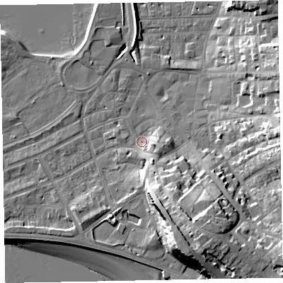Shaded relief map of the ground around EX81AH, computed from Environment Agency LiDAR. The ground here sits at about 4 m above sea level and falls 23 m across the surrounding 800 m. Surface water reaching this point runs off ground lying to the south-south-east, 7.1 m higher.