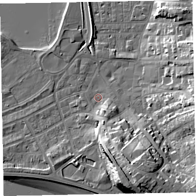 Shaded relief map of the ground around EX81AL, computed from Environment Agency LiDAR. The ground here sits at about 3 m above sea level and falls 23 m across the surrounding 800 m. Surface water reaching this point runs off ground lying to the south-south-east, 7.4 m higher.