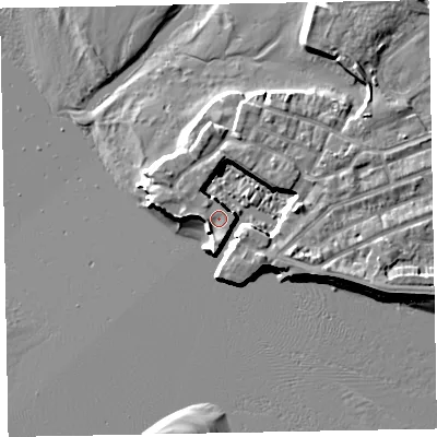 Shaded relief map of the ground around EX81AN, computed from Environment Agency LiDAR. The ground here sits at about 4 m above sea level and falls 7 m across the surrounding 800 m. Surface water reaching this point runs off ground lying to the south, 1.2 m higher.