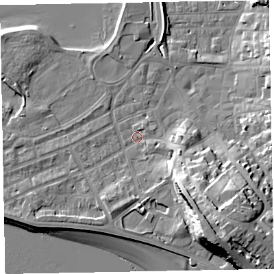 Shaded relief map of the ground around EX81AP, computed from Environment Agency LiDAR. The ground here sits at about 3 m above sea level and falls 23 m across the surrounding 800 m. Surface water reaching this point runs off ground lying to the north-east, 1.4 m higher.