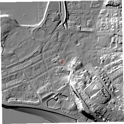 Shaded relief map of the ground around EX81AQ, computed from Environment Agency LiDAR. The ground here sits at about 4 m above sea level and falls 23 m across the surrounding 800 m. Surface water reaching this point runs off ground lying to the south-east, 5.4 m higher.