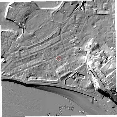 Shaded relief map of the ground around EX81AR, computed from Environment Agency LiDAR. The ground here sits at about 3 m above sea level and falls 23 m across the surrounding 800 m. Surface water reaching this point runs off ground lying to the east-south-east, 18.8 m higher.