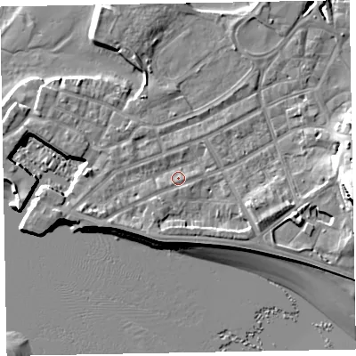 Shaded relief map of the ground around EX81AS, computed from Environment Agency LiDAR. The ground here sits at about 4 m above sea level and falls 19 m across the surrounding 800 m. Surface water reaching this point runs off ground lying to the west-south-west, 1.3 m higher.