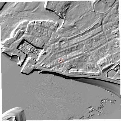 Shaded relief map of the ground around EX81AT, computed from Environment Agency LiDAR. The ground here sits at about 4 m above sea level and falls 9 m across the surrounding 800 m. Surface water reaching this point runs off ground lying to the south-west, 1.8 m higher.