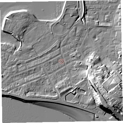 Shaded relief map of the ground around EX81AU, computed from Environment Agency LiDAR. The ground here sits at about 3 m above sea level and falls 23 m across the surrounding 800 m. Surface water reaching this point runs off ground lying to the south-east, 19.0 m higher.