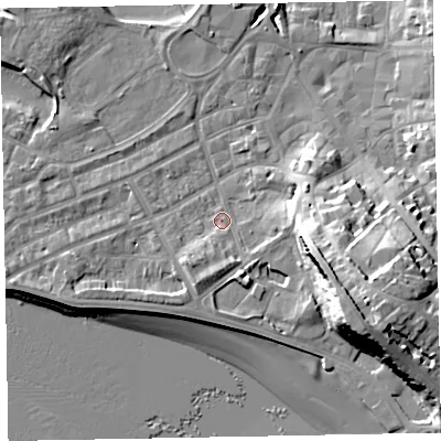 Shaded relief map of the ground around EX81AX, computed from Environment Agency LiDAR. The ground here sits at about 4 m above sea level and falls 23 m across the surrounding 800 m. Surface water reaching this point runs off ground lying to the south, 3.1 m higher.