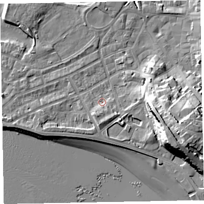 Shaded relief map of the ground around EX81AY, computed from Environment Agency LiDAR. The ground here sits at about 4 m above sea level and falls 23 m across the surrounding 800 m. Surface water reaching this point runs off ground lying to the south, 2.7 m higher.