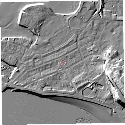 Shaded relief map of the ground around EX81AZ, computed from Environment Agency LiDAR. The ground here sits at about 4 m above sea level and falls 23 m across the surrounding 800 m. Surface water reaching this point runs off ground lying to the south, 0.5 m higher.