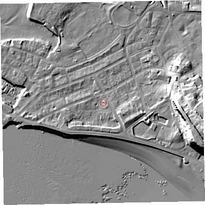 Shaded relief map of the ground around EX81BA, computed from Environment Agency LiDAR. The ground here sits at about 3 m above sea level and falls 23 m across the surrounding 800 m. Surface water reaching this point runs off ground lying to the east-south-east, 17.7 m higher.