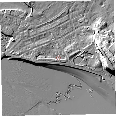 Shaded relief map of the ground around EX81BE, computed from Environment Agency LiDAR. The ground here sits at about 4 m above sea level and falls 23 m across the surrounding 800 m. Surface water reaching this point runs off ground lying to the south-east, 2.2 m higher.