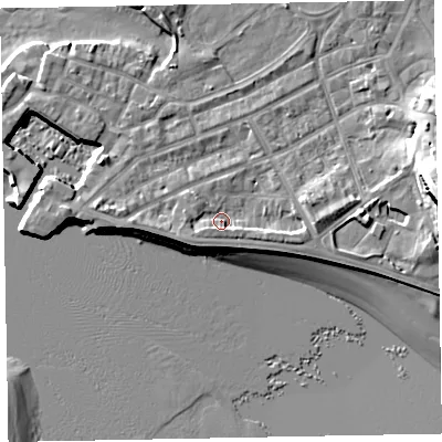 Shaded relief map of the ground around EX81BG, computed from Environment Agency LiDAR. The ground here sits at about 4 m above sea level and falls 20 m across the surrounding 800 m. Surface water reaching this point runs off ground lying to the west-south-west, 1.6 m higher.