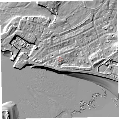 Shaded relief map of the ground around EX81BH, computed from Environment Agency LiDAR. The ground here sits at about 5 m above sea level and falls 9 m across the surrounding 800 m. Surface water reaching this point runs off ground lying to the south-south-east, 0.7 m higher.