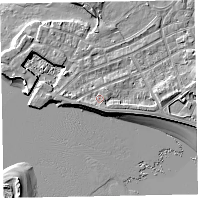 Shaded relief map of the ground around EX81BJ, computed from Environment Agency LiDAR. The ground here sits at about 5 m above sea level and falls 9 m across the surrounding 800 m. Surface water reaching this point runs off ground lying to the south-west, 1.4 m higher.