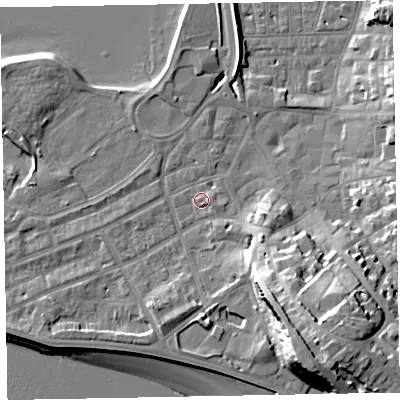 Shaded relief map of the ground around EX81BL, computed from Environment Agency LiDAR. The ground here sits at about 4 m above sea level and falls 23 m across the surrounding 800 m. Surface water reaching this point runs off ground lying to the east-south-east, 1.4 m higher.