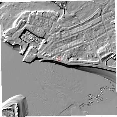 Shaded relief map of the ground around EX81BQ, computed from Environment Agency LiDAR. The ground here sits at about 5 m above sea level and falls 9 m across the surrounding 800 m. Surface water reaching this point runs off ground lying to the south-east, 1.7 m higher.