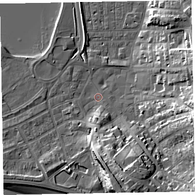 Shaded relief map of the ground around EX81BR, computed from Environment Agency LiDAR. The ground here sits at about 3 m above sea level and falls 23 m across the surrounding 800 m. Surface water reaching this point runs off ground lying to the south, 7.5 m higher.