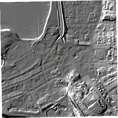 Shaded relief map of the ground around EX81BS, computed from Environment Agency LiDAR. The ground here sits at about 3 m above sea level and falls 22 m across the surrounding 800 m. Surface water reaching this point runs off ground lying to the south-south-east, 19.0 m higher.