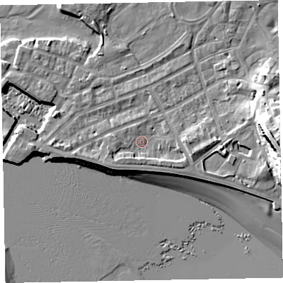 Shaded relief map of the ground around EX81BT, computed from Environment Agency LiDAR. The ground here sits at about 4 m above sea level and falls 22 m across the surrounding 800 m. Surface water reaching this point runs off ground lying to the south-east, 3.2 m higher.