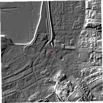 Shaded relief map of the ground around EX81BY, computed from Environment Agency LiDAR. The ground here sits at about 3 m above sea level and falls 19 m across the surrounding 800 m. Surface water reaching this point runs off ground lying to the west, 0.7 m higher.