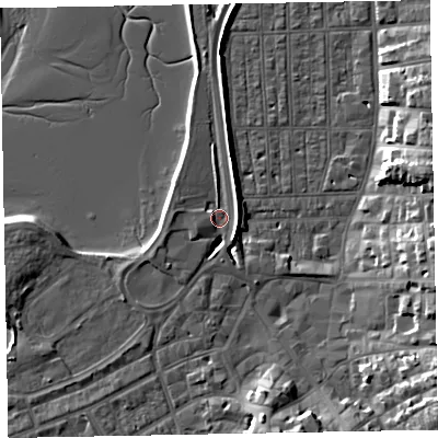 Shaded relief map of the ground around EX81BZ, computed from Environment Agency LiDAR. The ground here sits at about 3 m above sea level and falls 14 m across the surrounding 800 m. Surface water reaching this point runs off ground lying to the east-north-east, 5.8 m higher.