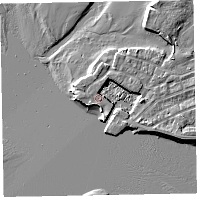 Shaded relief map of the ground around EX81DA, computed from Environment Agency LiDAR. The ground here sits at about 4 m above sea level and falls 7 m across the surrounding 800 m. Surface water reaching this point runs off ground lying to the south-south-east, 1.4 m higher.