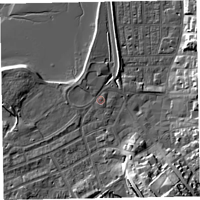 Shaded relief map of the ground around EX81DB, computed from Environment Agency LiDAR. The ground here sits at about 3 m above sea level and falls 21 m across the surrounding 800 m. Surface water reaching this point runs off ground lying to the north-west, 1.3 m higher.