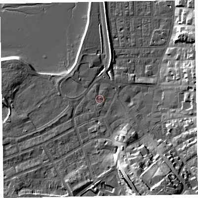 Shaded relief map of the ground around EX81DE, computed from Environment Agency LiDAR. The ground here sits at about 3 m above sea level and falls 21 m across the surrounding 800 m. Surface water reaching this point runs off ground lying to the south-south-east, 18.5 m higher.